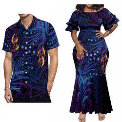 Woman Short-Sleeved Dress Fashion Tight Fishtail Long Polynesian Dress With Hawaiian Men'S Aloha Shirt Support Customization