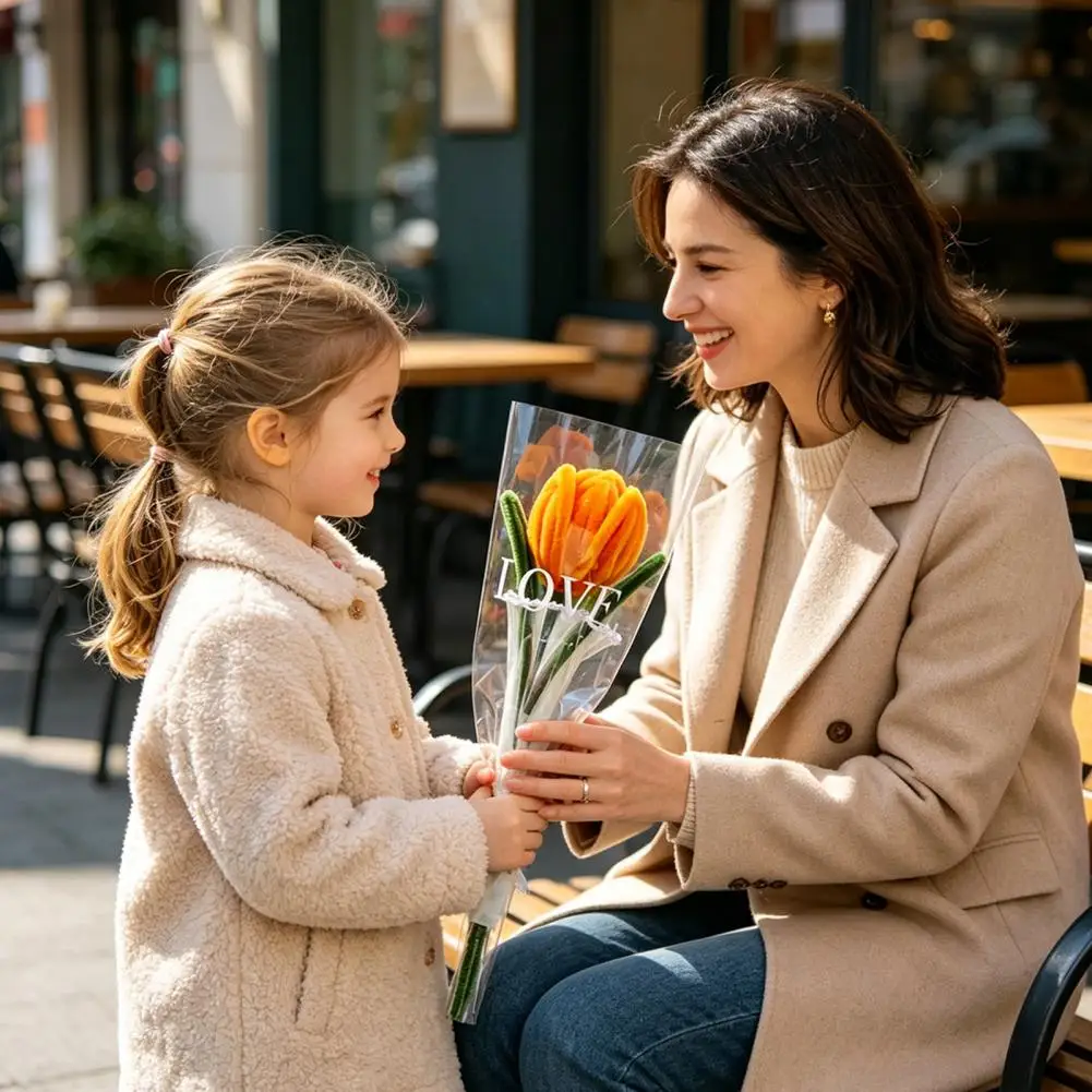Mother’s Day Flower Gift Twist Stick Tulip Bouquet with Suede Texture Artificial Tulip Flowers Pipe Cleaners Long-lasting