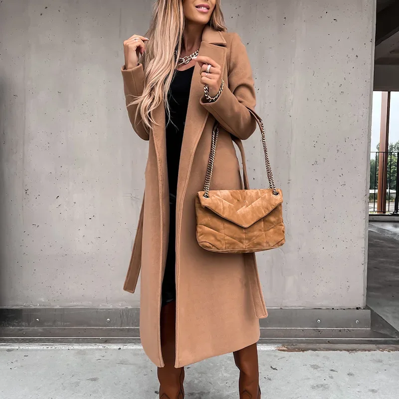 Women Chic Wool Blends With Belt 2021 Solid Long Sleeve Adjustable Waist X-Long Coats Outerwear Turn Down Collar Elegant Coats