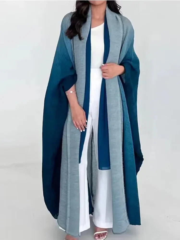 Miyake Gradient Pleated Trench Coat for Women Bat Sleeve Scarf Collar Long Windbreaker Female Fashion Clothing 2023 New Dresses