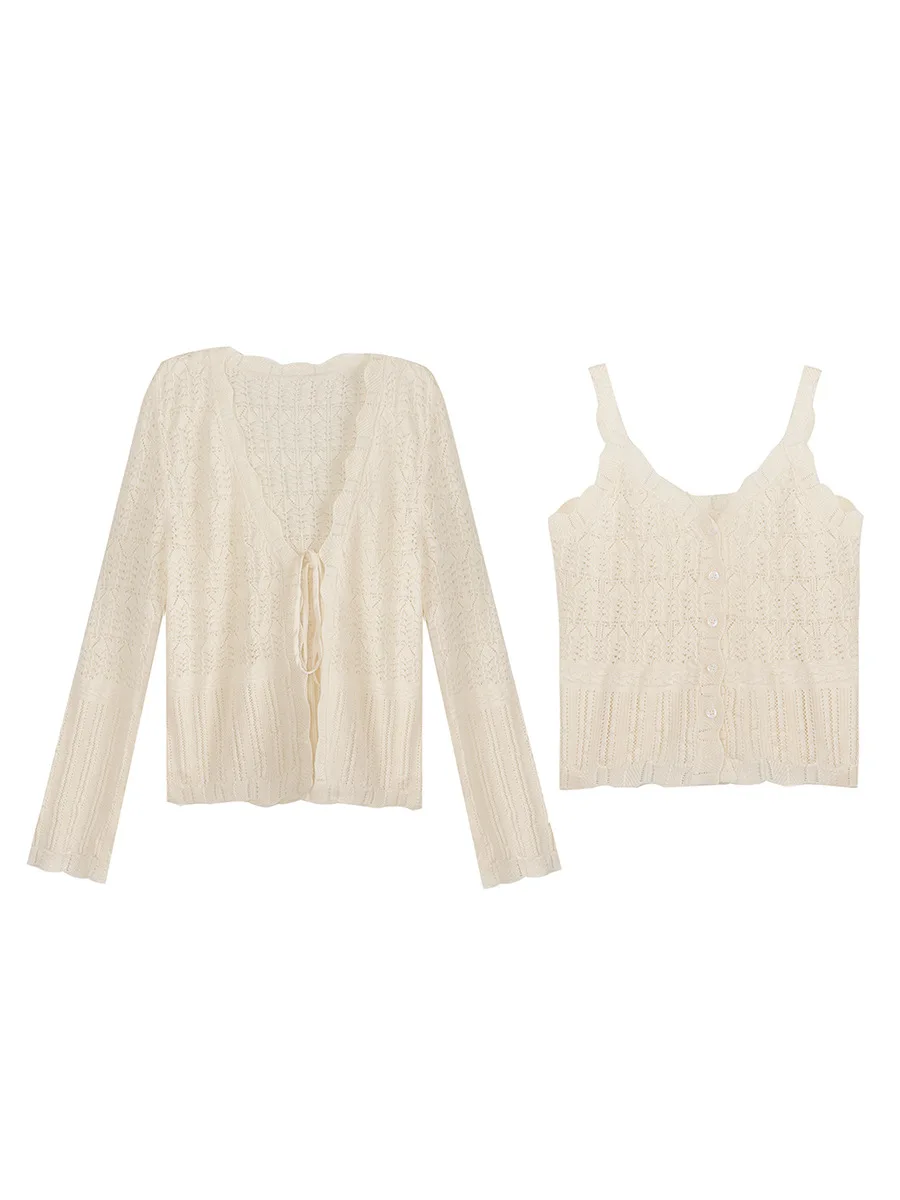 

Вязаный комплект-жилет Spring Garden Villa с ажурным кружевом, V-образным вырезом и поясом, модный женский комплект из двух предметов для осени и весны