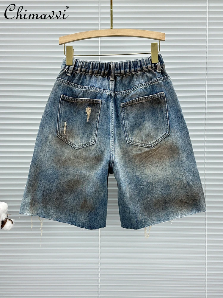 Heavy Flower Decoration Ripped Denim Shorts Women's 2025 Summer New Fashion High Waist Loose Versatile Girls Wide Leg Pants