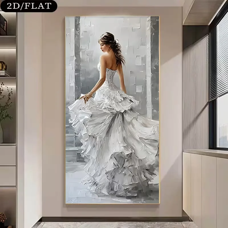 2D Flat, 2D Flat, A Large 2D/FLAT Unframed Canvas Painting Depicting a Woman in a Luxurious White Wedding Dress, Measuring 27.56