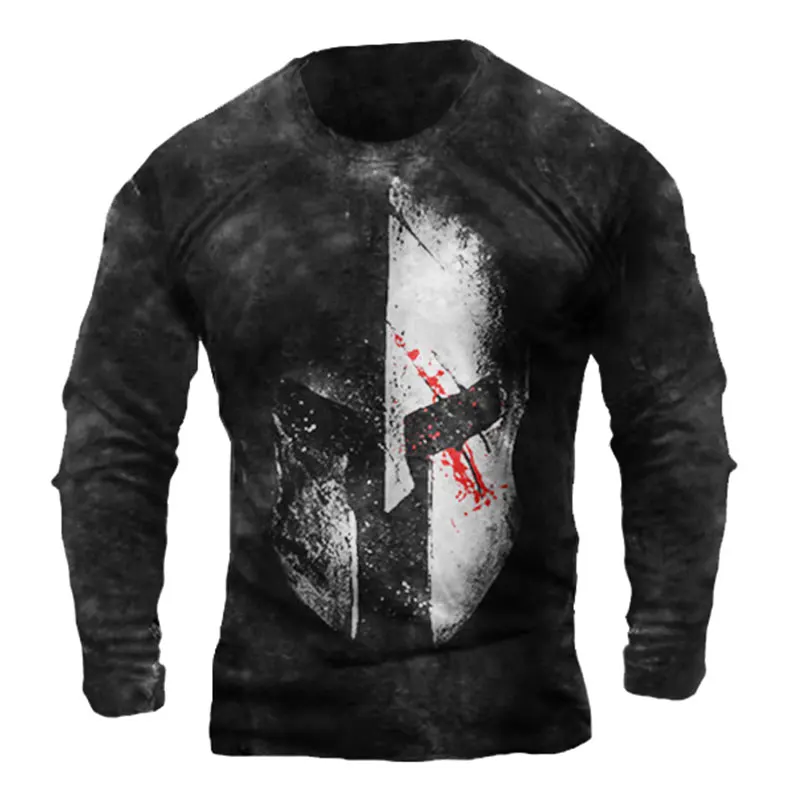 Templar Knight  Print Retro Fashion Casual Men\'s Round Neck Long Sleeve Street Hip Hop Extra Large Speed Drying Wearing T-shirt