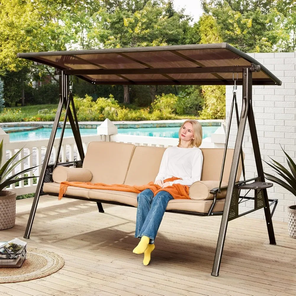 

Oversized Outdoor Porch Swing with Hardtop, 3 Seat Patio Swing with 2 Side Cup Holder, 3-in-1 Convertible Backrest Swing
