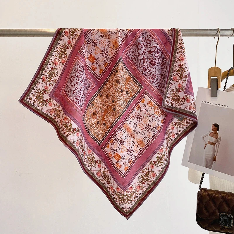 

30% Silk 70% Wool Winter Neck Warmer for Women Bohemian Pink Print Patchwork Square Scarf Winter Woman Shawl