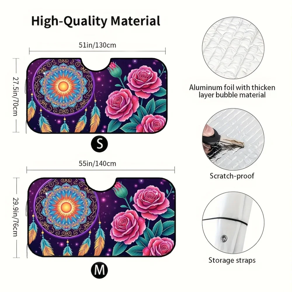 1pc Bohemian Sun Car Windshield Sunshade With Roses & Feathers Design - UV Protection & Glare Reduction, Fit For Cars, Trucks, S