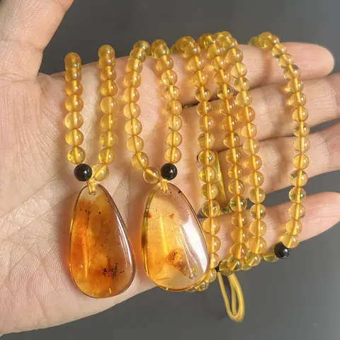 Collar con colgante de insecto de ámbar Original, regalo artesanal, cadena única nueva Natural de 56cm, cuentas doradas, piedra Báltica, joyería de ámbar voladora