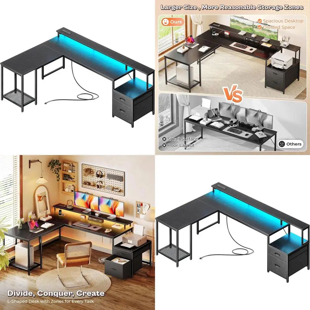 

Игровой L-образный стол с LED-подсветкой, тканевыми ящиками, розетками и подставкой для монитора — черный угловой офисный стол с сетчатым отсеком для системного блока