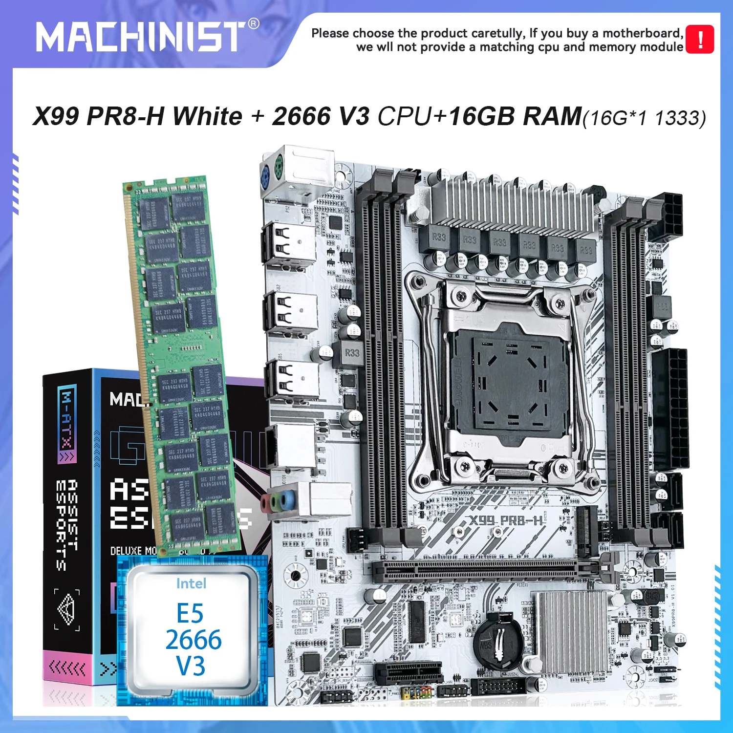 

Комплект материнской платы MACHINIST X99 LGA2011-3 Xeon E5 2666 V3 Процессор DDR3 16 ГБ (1*16 ГБ) 1333 МГц ОЗУ PR8-H Белый NVME M.2 SATA M.2 M-ATX