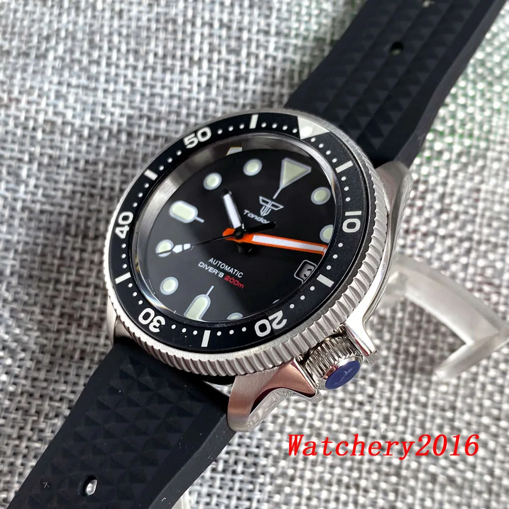 New Tandorio Sapphire Glass 20ATM Waterproof NH35A Automatic Movement Black Dial Luminous Mens Watch Rubber Strap Orange Hands