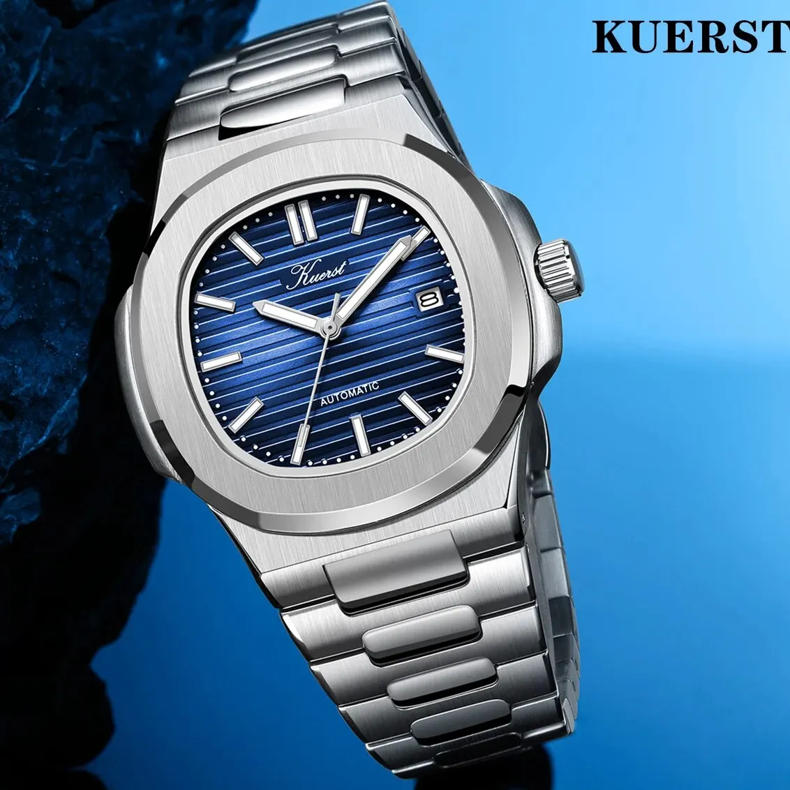 KUERST Classic Men\'s Steel Band Automatic Mechanical Waterproof Trend Square Watch with Luminous Dial Cool