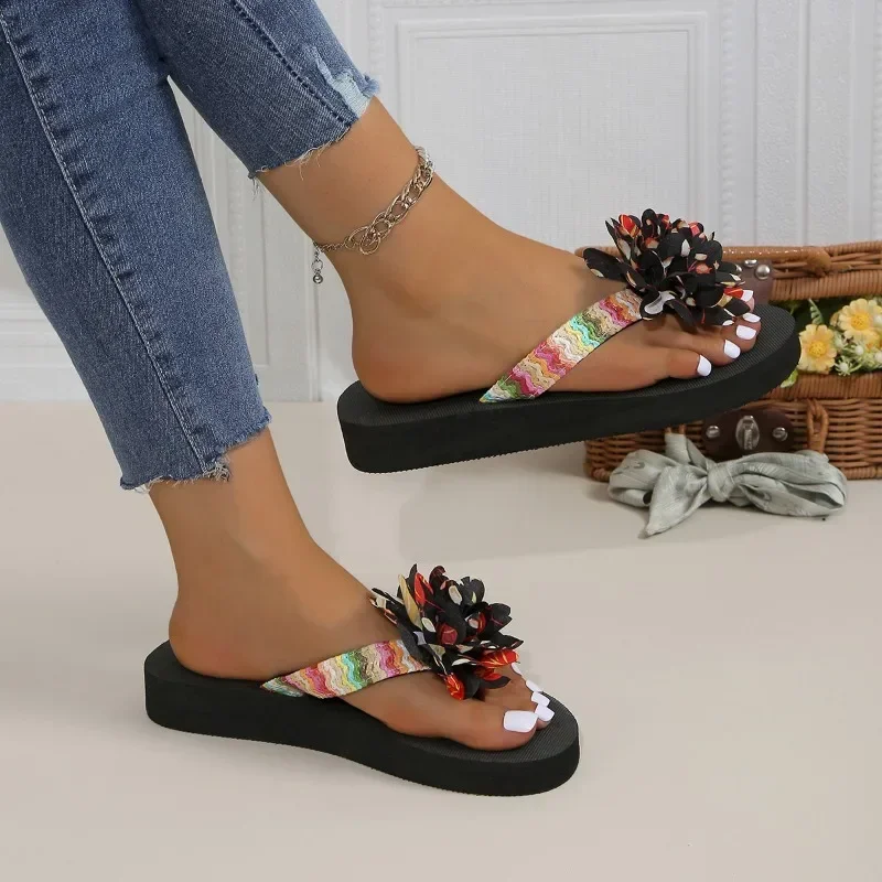 2024 Summer Women's Slippers New Fashion Flip-Toe Women's Flat Shoes Outdoor Casual Color Block Flower Decorated Beach Shoes