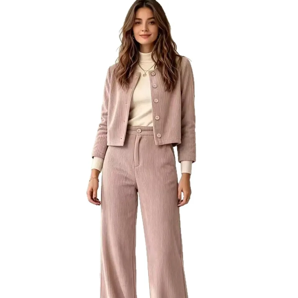 Women's Corduroy Two-piece Round Neck Single Breasted Short Top High Waist Wide Leg Pants Solid Color Autumn Casual Elegant Set
