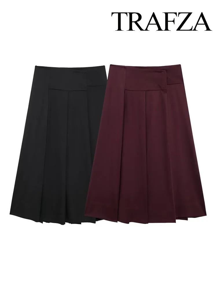 TRAFZA Women's Spring Fashion Design Basic Versatile Wide Pleated Midi Skirt Female Elegant Mid-Waist Ankle-Length 2-Color Skirt