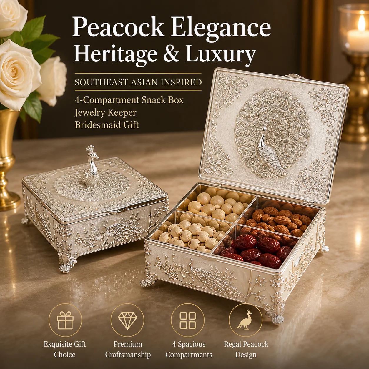 

Zinc Alloy Silver-Color Peacock Jewelry Box Vintage Enamel Ring Earring Organizer Desktop Dried Fruit Tray Candy Box