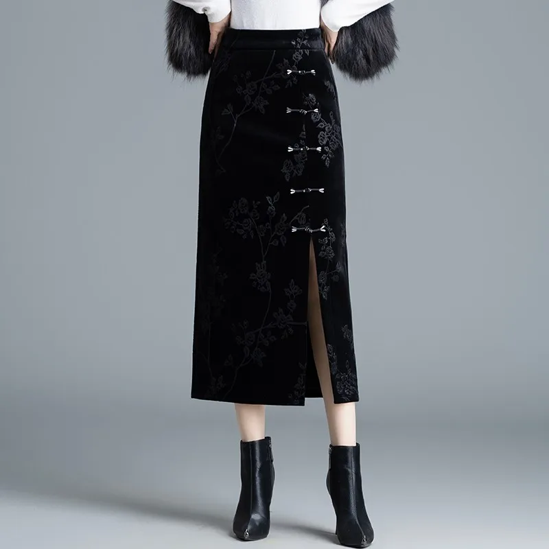 ZUZK Retro Embossed Gold Velvet Midi Skirt Women Autumn Winter New Elastic High Waisted Split One Step Skirt Hip Hugging Skirt