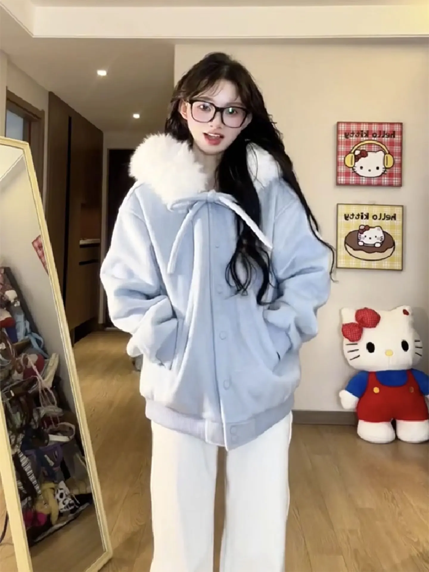 

plus Size Women's College Style Cute Blue Hooded Jacket Autumn Winter Knot Belted Fur Trim Warm Top Korean Standard...
