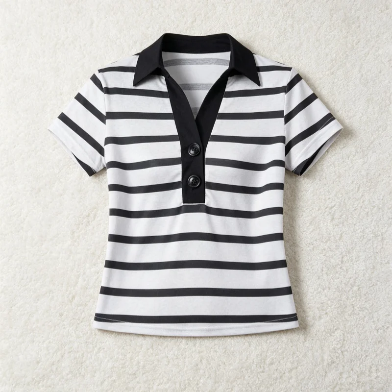 Vintage Striped Pol o Tops Y2K Grunge Button Down Fitted Tee Shirts Teen Girls Short Sleeve Collared Tops Streetwear
