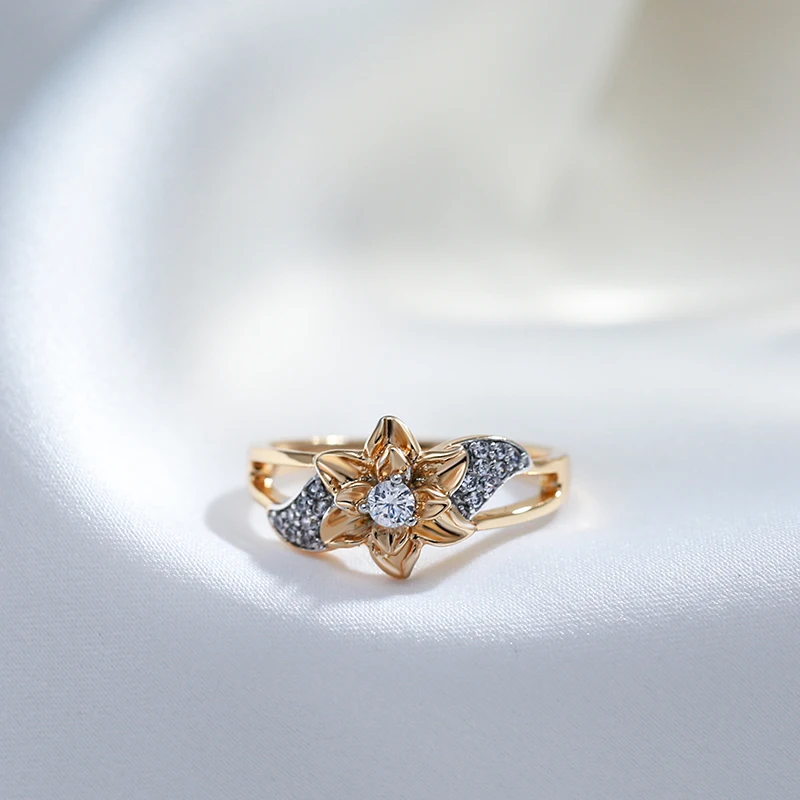 Kinel Hot 585 Rose Gold Color Silver Plated Flower Rings For Women Vintage Natural Zircon Bride Wedding Jewelry Luxury Ring