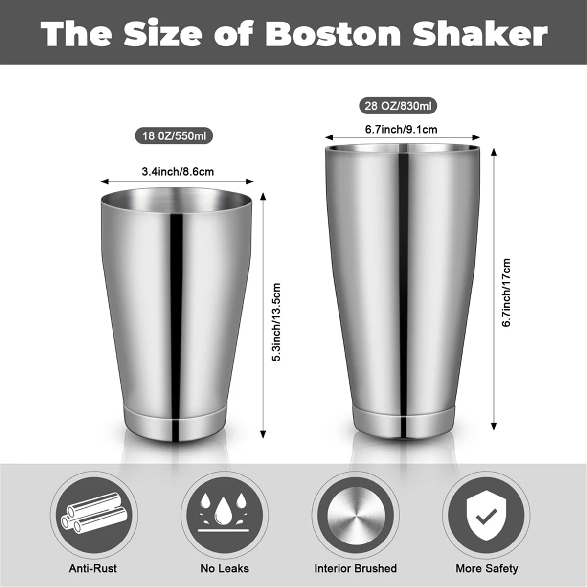 3Sets Cocktail Shakers Professional Bar Shaker Boston Shaker Set Stainless Steel Martini Shaker Drink Mixer(Silver)