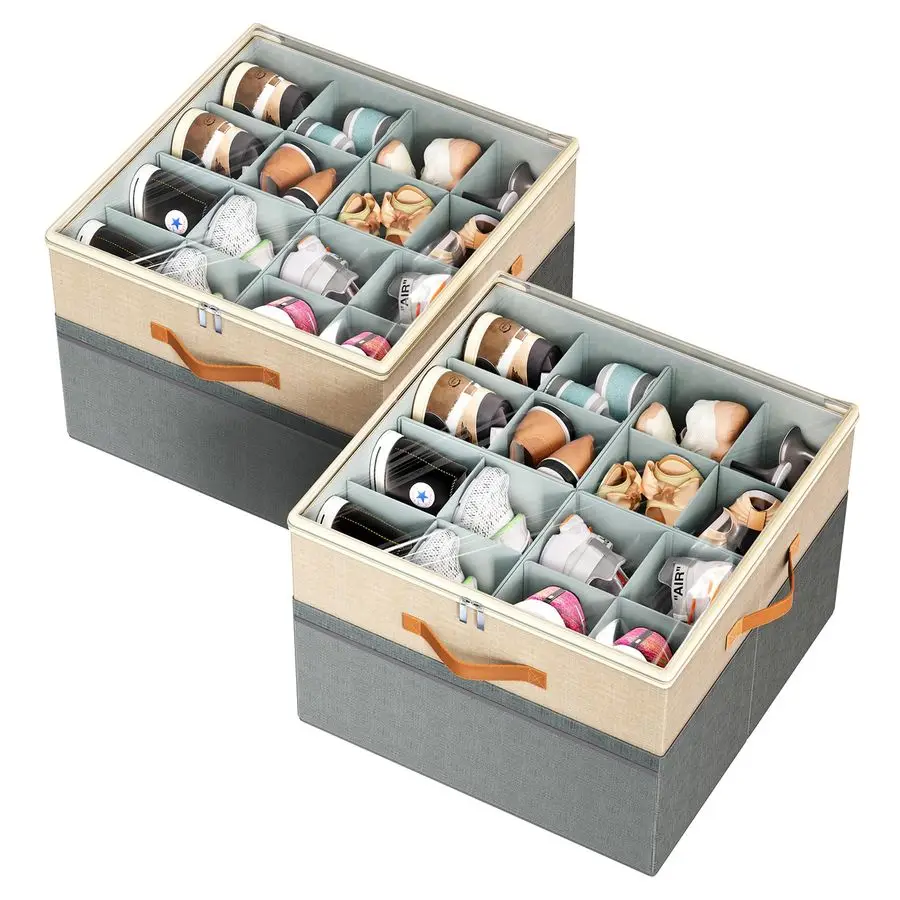 

Органайзер для шкафа, 2 шт., складной органайзер для хранения обуви с регулируемыми перегородками и прозрачной крышкой, вместимость до 1632 обутиев