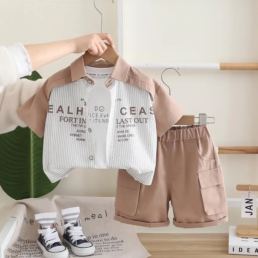 

Boys Short-sleeved Suit 2025 Summer Striped Monogram Print Casual Shirts+Vest+Shorts Toddler Outfits Sets Children Clothing