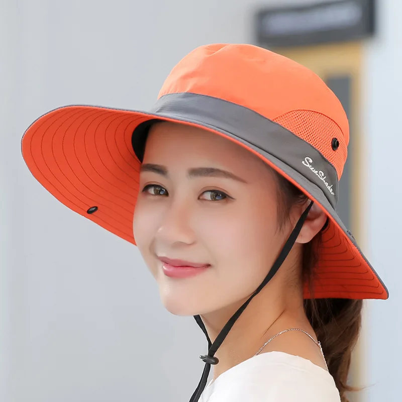 UV Protection Foldable Bucket Hats for Women Horsetail Hole Fisherman\'s Hat Big Wide-Brim Visor KidsFishing Hunting Climbing Cap