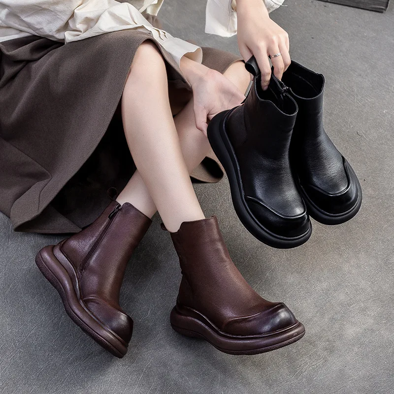 

Genuine Leather Short Boots Women Shoes 2025 New Autumn Winter Round Toe Thick Soled Zip Handmade Platform Women Boots