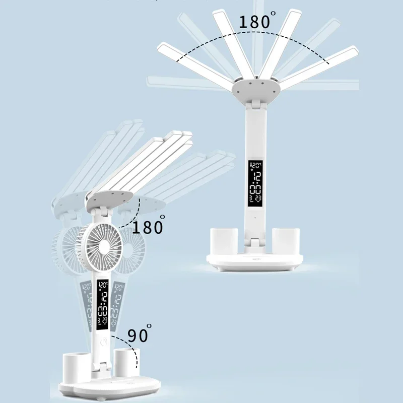 Imagem -06 - Candeeiro de Mesa Led Multifuncional Dobrável com Ventilador Relógio de Calendário Relógio Proteção Ocular Luz Noturna Usb 3in 1