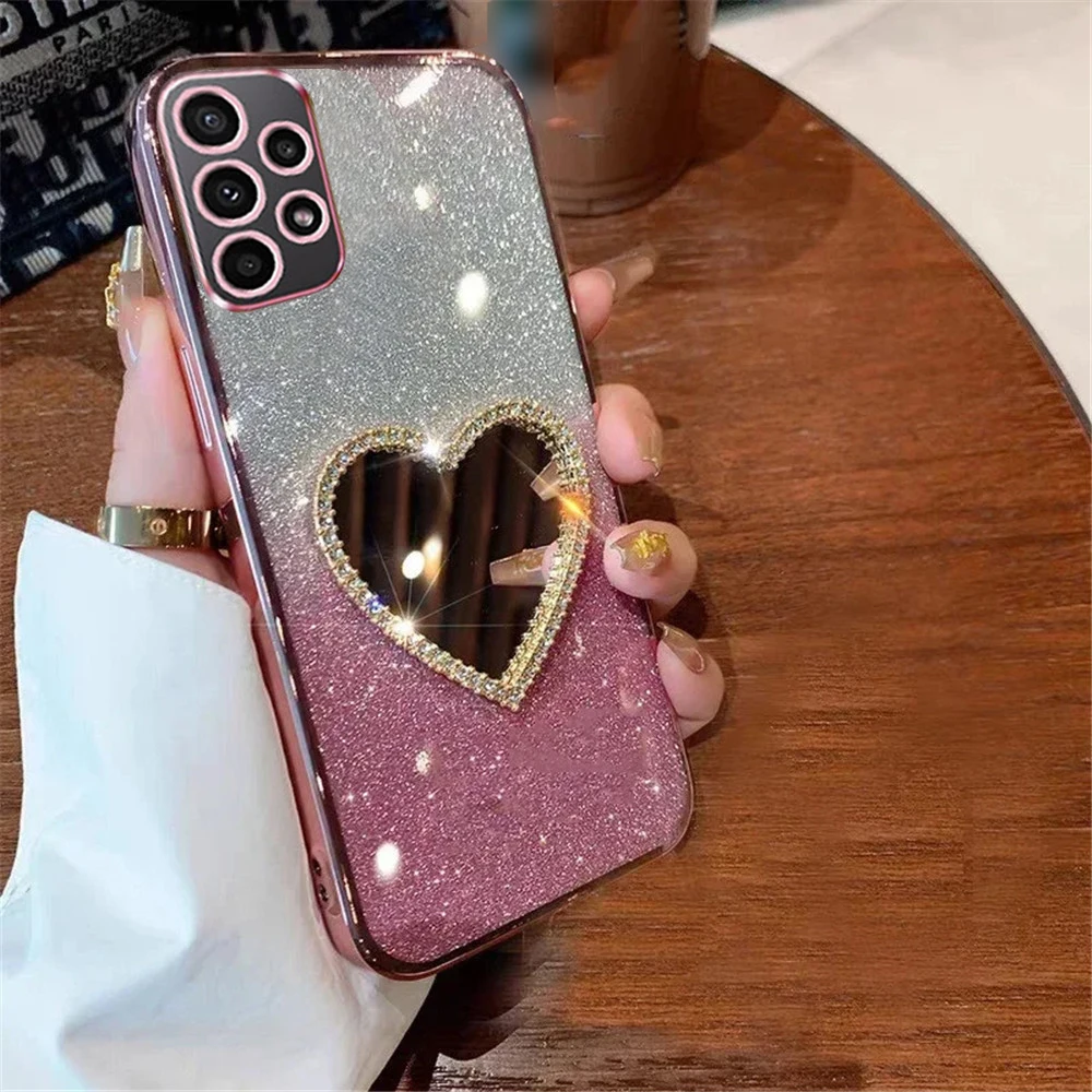 Gradient Glitter Phone Case For Samsung A52 A50 A32 A22 A12 A31 A70 A51 A30 A71 A72 4G 5G Diamond Heart Makeup Mirror Back Cover