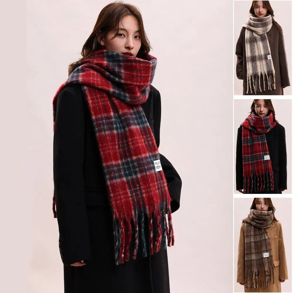 

Простой шерстяной шарф в клетку из мохера с кисточками, зимние кашемировые шарфы, теплая длинная шаль в корейском стиле для женщин/мужчин