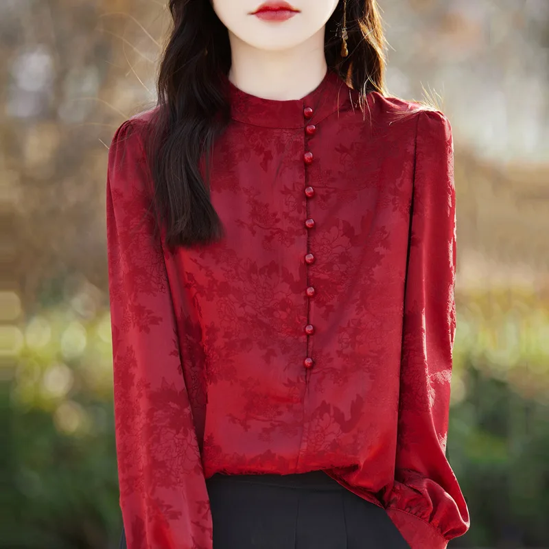 

Temperament Shirt Women 2026 Spring New Small Stand-up Collar Long-sleeved Top Retro Solid Elegant Women Shirt