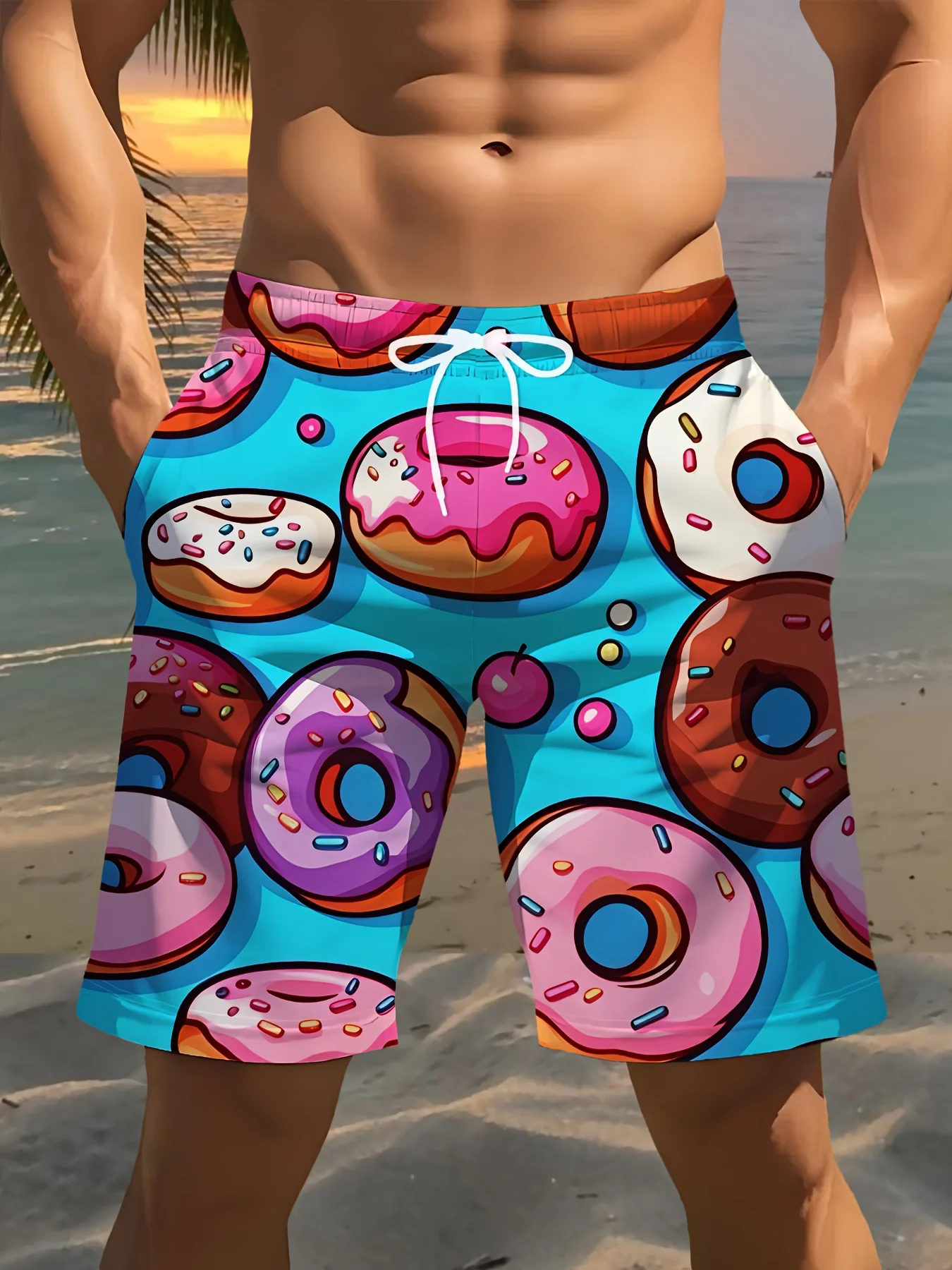 

Мужские плавки с 3D-принтом в виде пончиков, быстросохнущие пляжные шорты, повседневные и модные купальные костюмы в уличном стиле