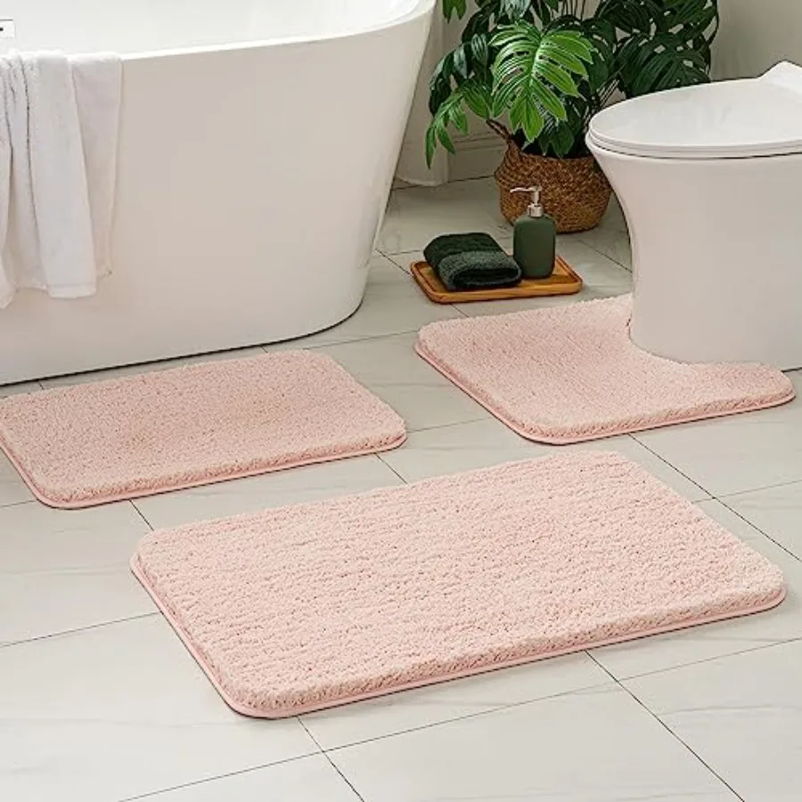 

Pink Bathroom Rugs Sets 3 Pcs Including U Shaped Toilet Rug - Soft Absorbent Bath Mats Set with Non Slip Rubber Backside Machin