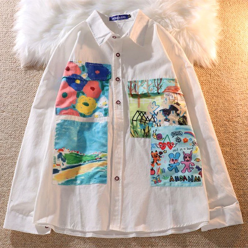 Cute Comics Appliques Japan Anime Button Up Shirts Long Sleeve Blouse Kawaii Clothes for Teenage Girls Preppy Harajuku Students