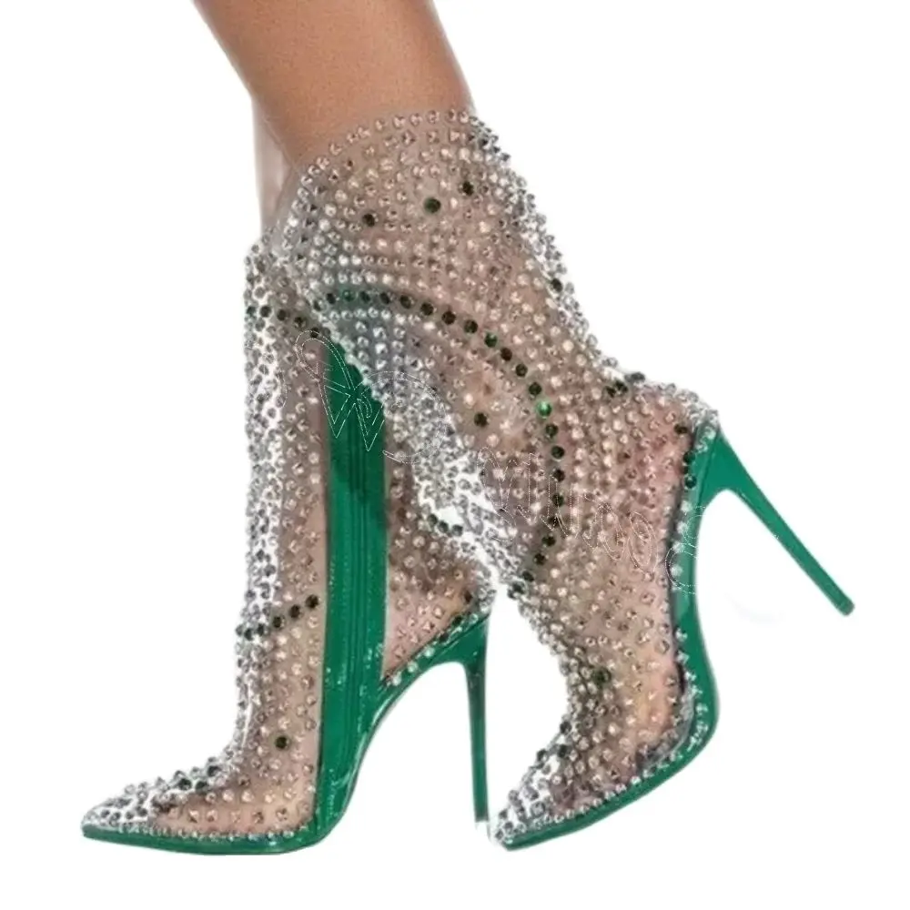 Green Clear PVC Boots Crystal Studde Side Zipper Thin High Heel Shoes for Women High Heels Fashion 2023 New Zapatos Para Mujere