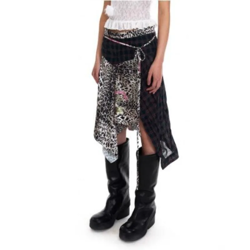 

Vintage Leopard Print Patchwork Plaid Skirts Y2k High Waist Lace Up Skirt for Women 2025 Summer New Faldas Sexy Mujer