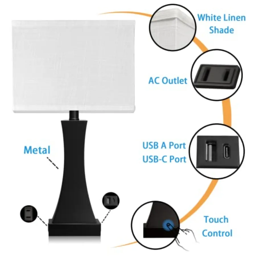 Table Lamp for Bedroom 3-Way Dimmable Touch Control Bedside Lamp with USB A+C Port and AC Outlet 21.6