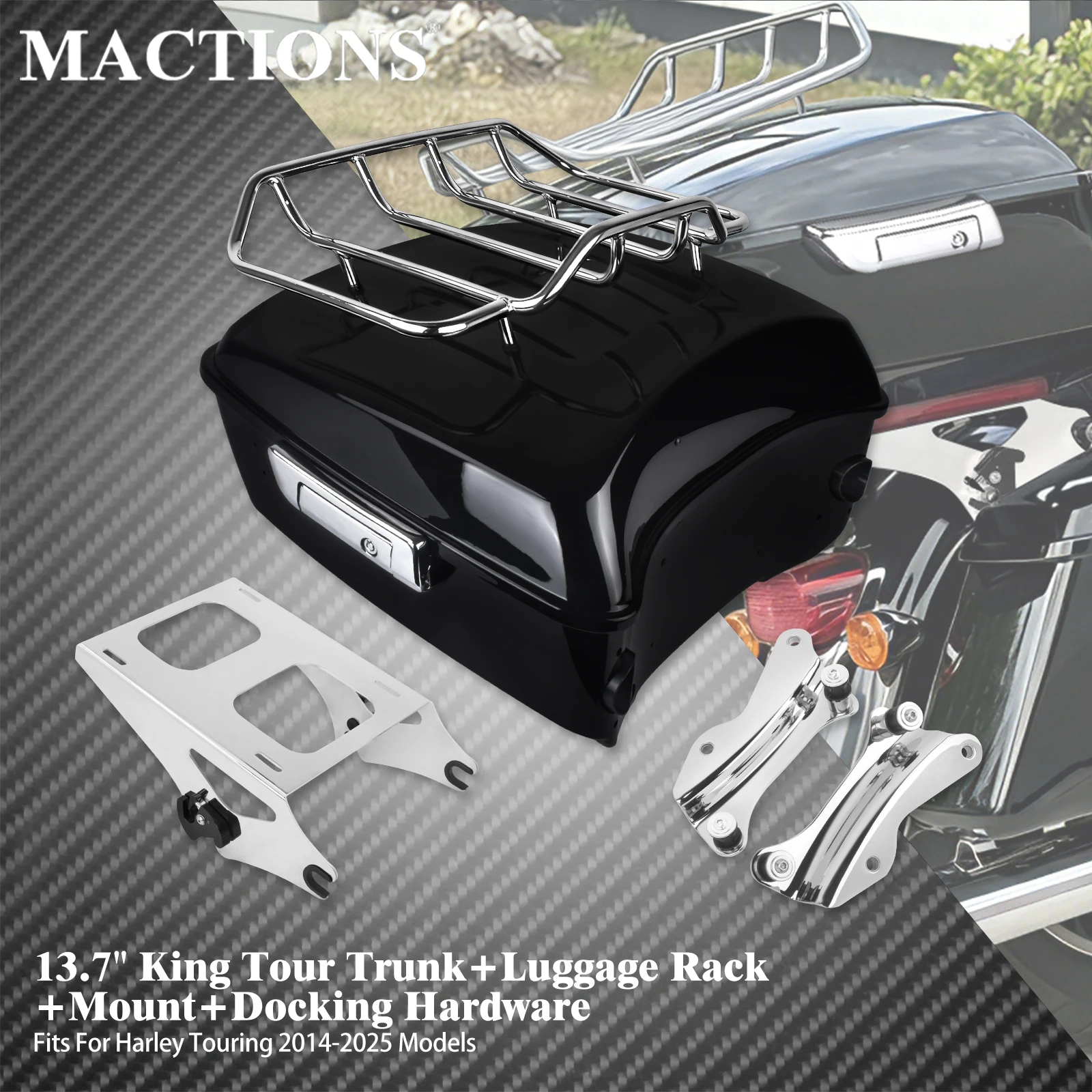 Motorcycle 13.7'' King Tour Trunk With Luggag Tail Box W/ Rack Mount Docking Kit For Harley Touring 2014-2025 Road Street Glide