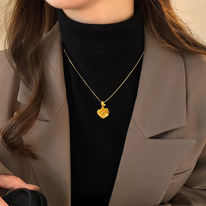 Licht Luxus Matt Gold Farbe Rose Blume Anhänger Halskette Für 2024 frauen Sexy Schlüsselbein Kette Mode Zubehör Schmuck – Detail 11