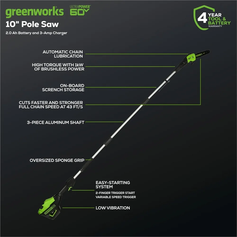 Аккумуляторная пила Greenworks 60 В с 10-дюймовым лезвием, расширяется до 14,5 футов, включает аккумулятор емкостью 2,0 Ач и зарядное устройство.