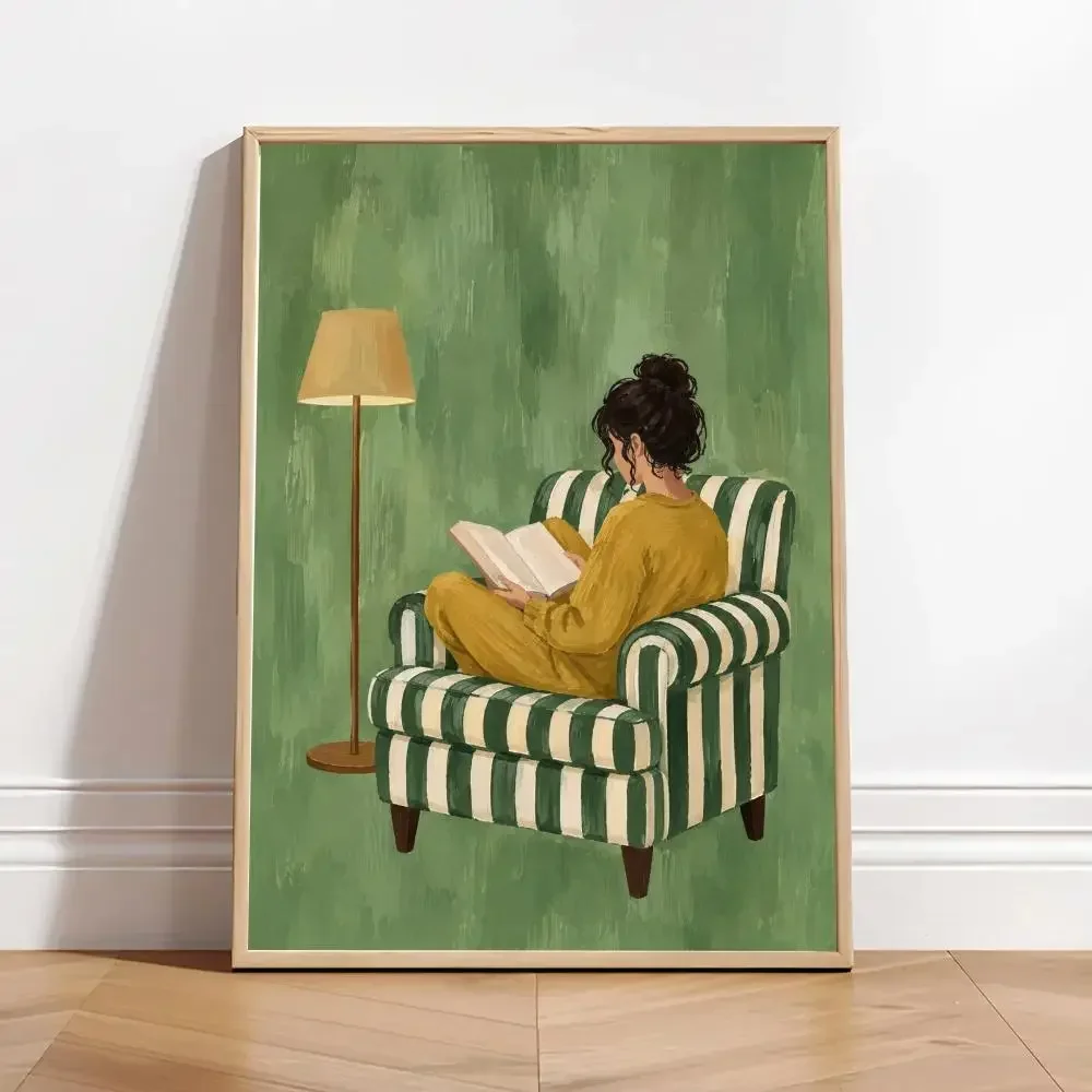 Reading Woman Art Print, Book Poster, Feminine Cozy Wall Art, Bold Orange Abstract Contemporary Portrait Poster