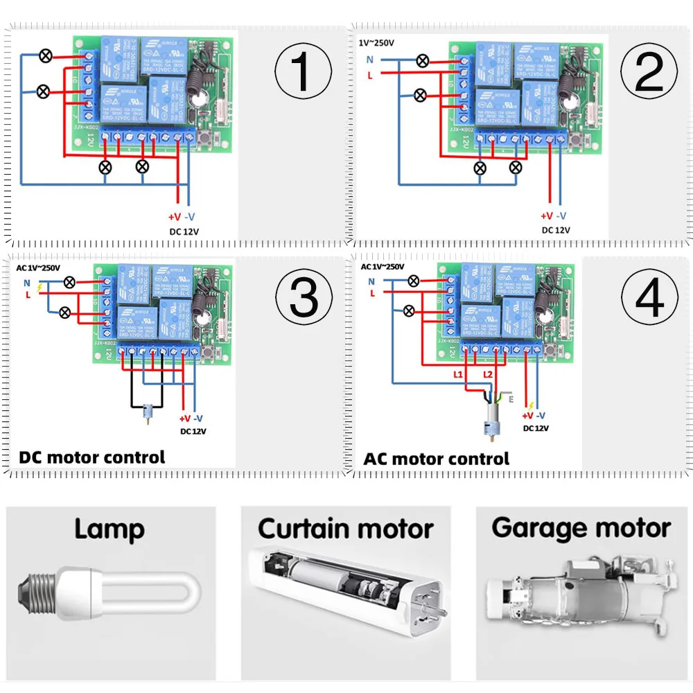 433Mhz RF Wireless Relay Receiver Switch  DC 12V 4 Ch 10A Relay Controller and Rf Transmitter for Gate Door Opener Light Diy