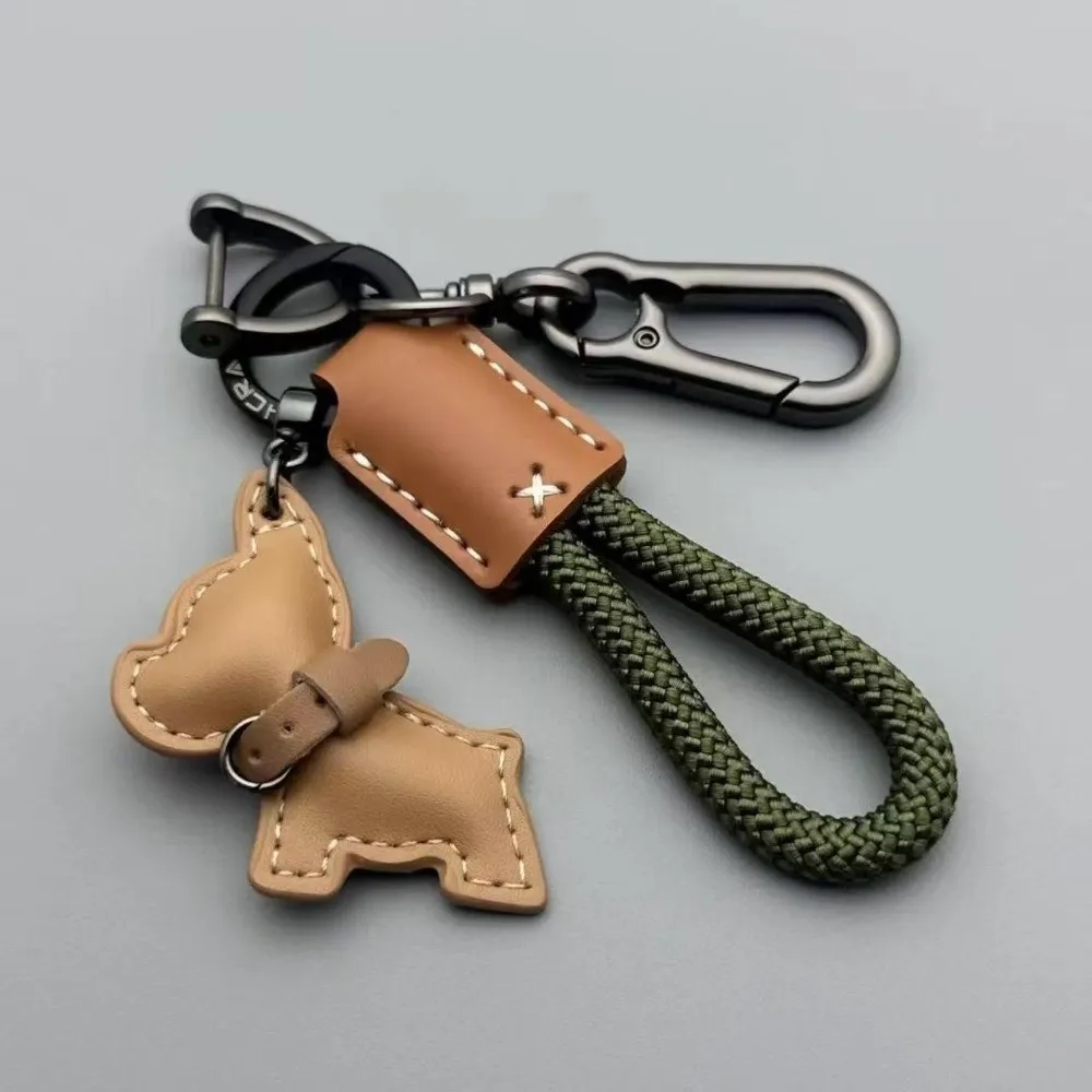 Multi-Use Bulldog Leather Keychain Cartoon Puppy Braided Rope Bag Charm Thick Rope D Buckle Swivel Clasp Keyring Holiday
