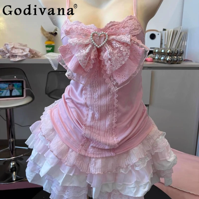 

Pure Desire Hot Girl Lolita Set Sweet Bow New Lace Strap French Top Cake Short Skirt Three Piece Suit Women's Japanese Outfits