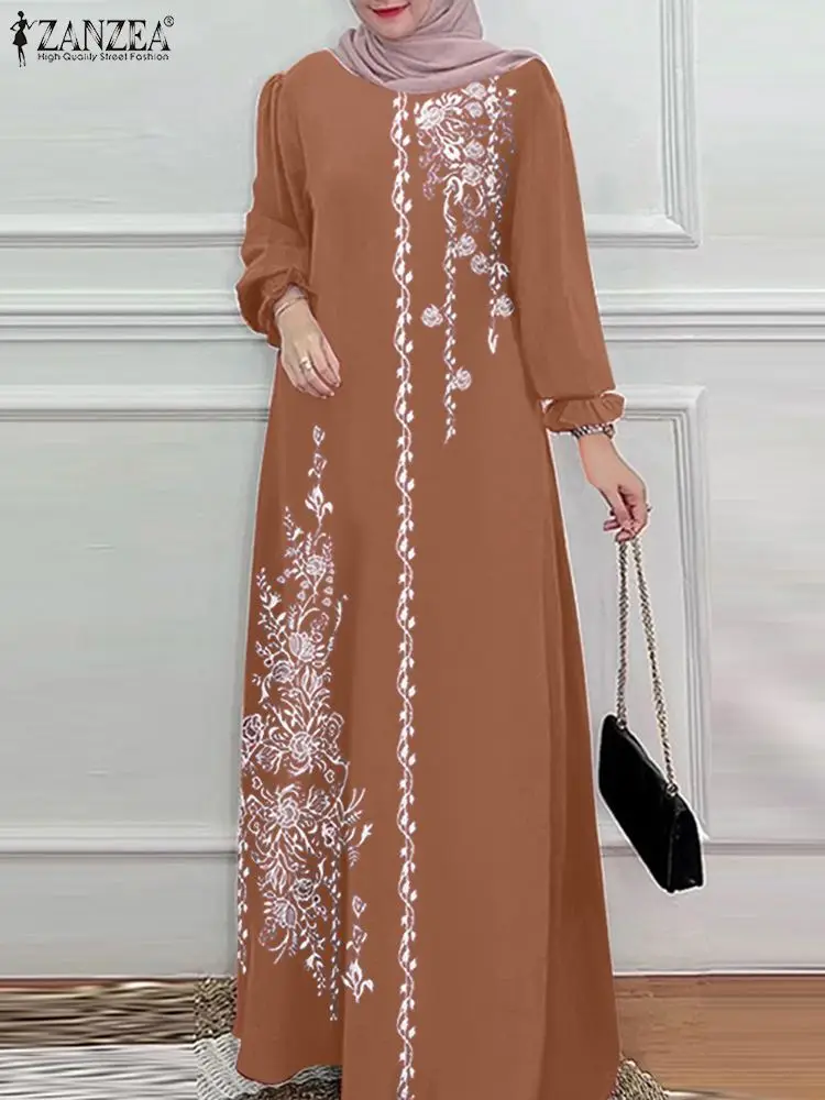 ZANZEA Women Vintage Long Sleeve Abaya Maxi Sundress Fashion Marocain Dubai Turkey Vestido Robe Femme Floral Print Muslim Dress