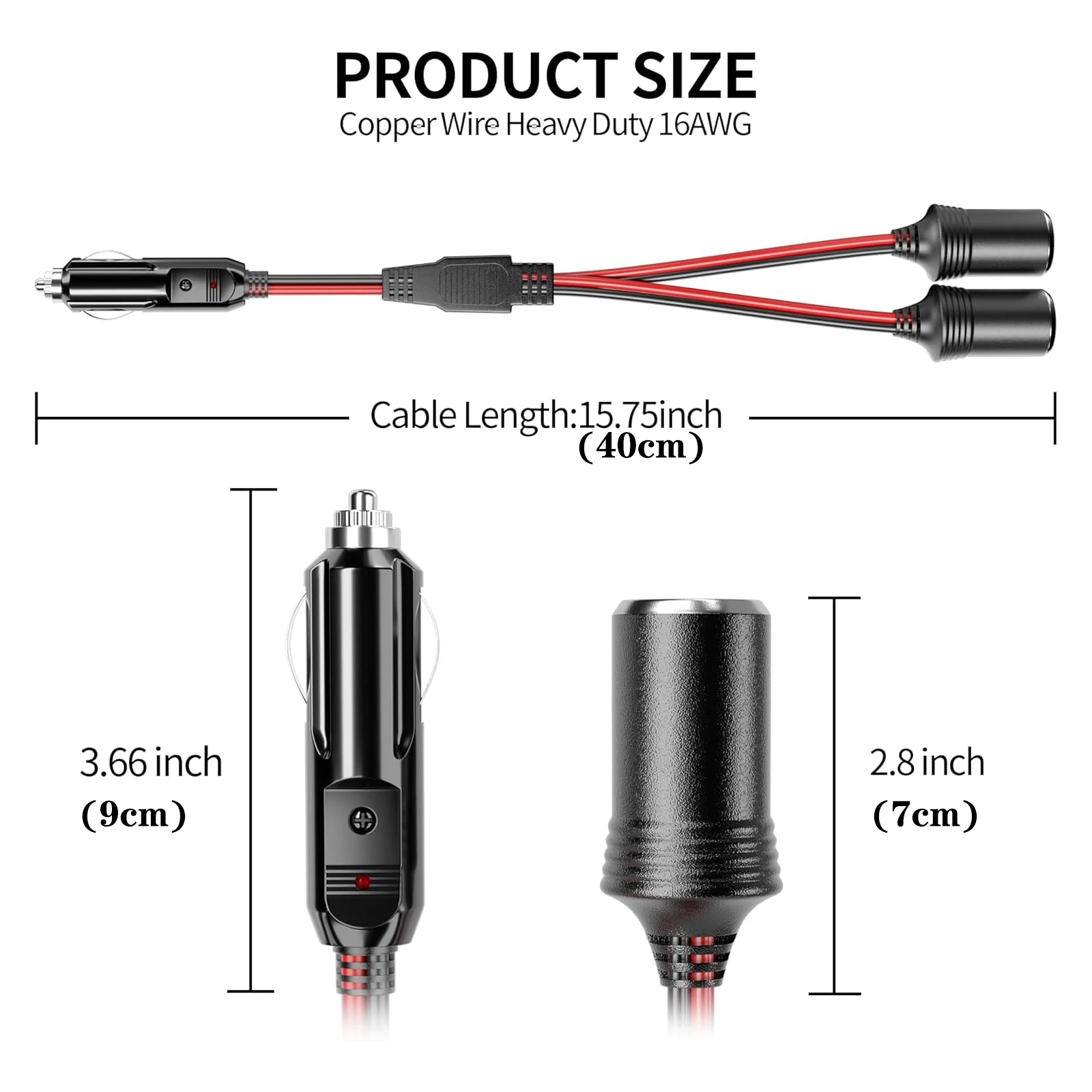 3.6M 1 to 2 Car Cigarette Lighter Splitter Extension Cord Cable Adapters 12V/24V