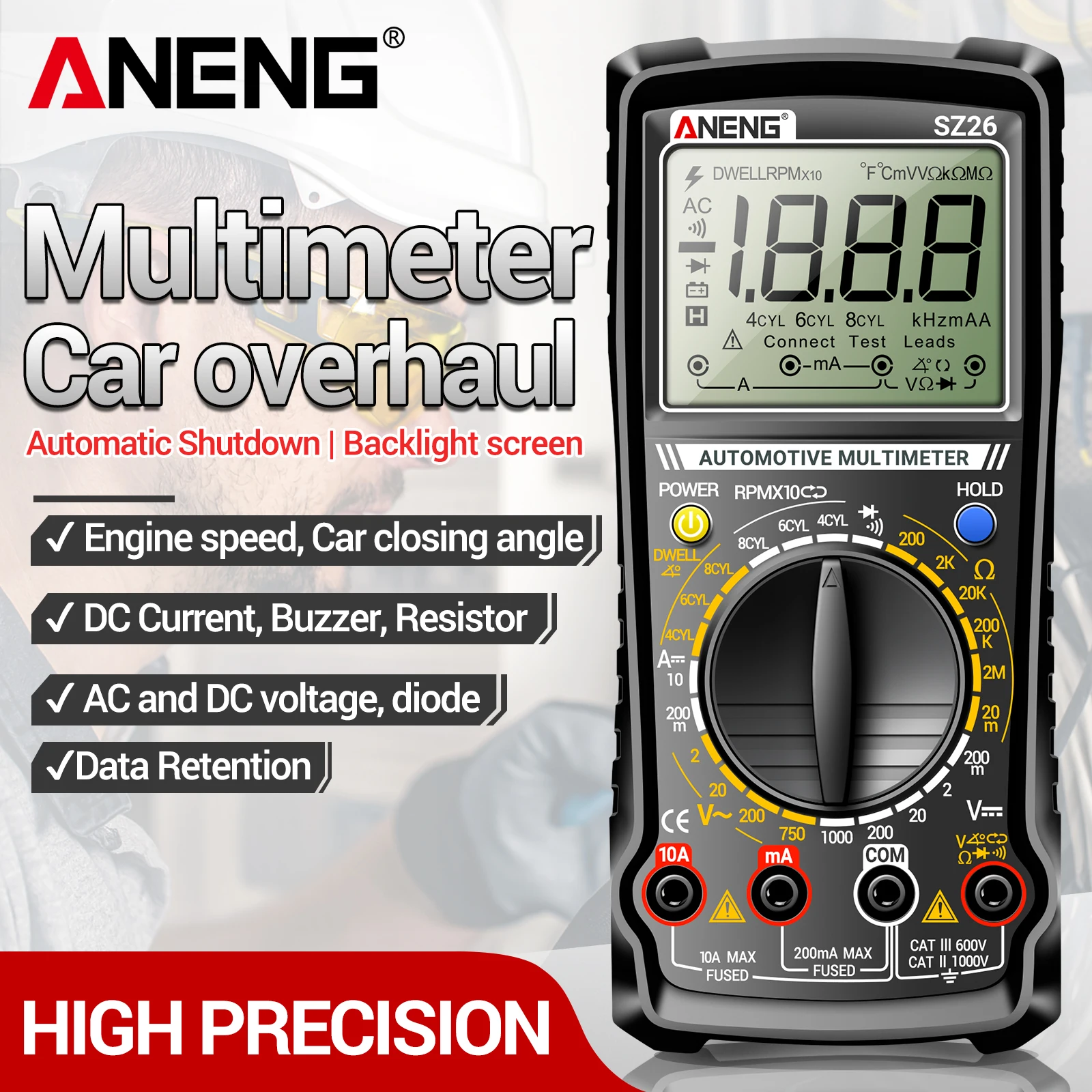 ANENG SZ26 Smart Digital Multimeter Car Overhaul Tester Voltmeter Ammeter Resistance Buzzer 1999 Counts Electrician Repair Tool