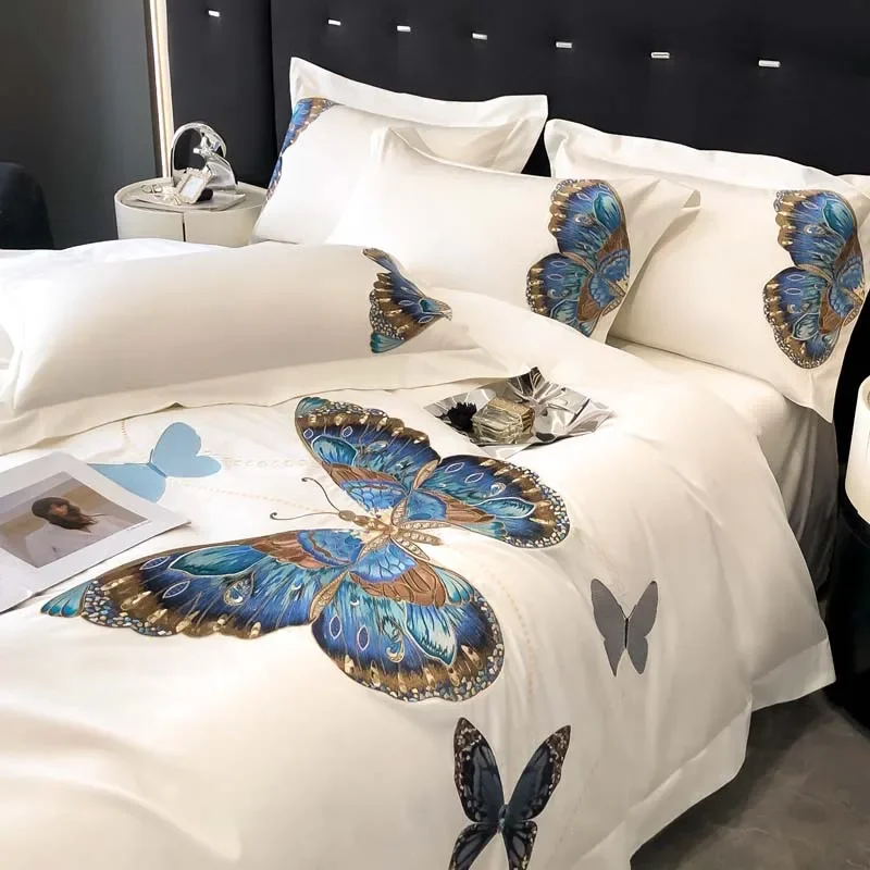 1000TC Egyptian Cotton Butterfly Embroidery Luxury Bedding Set Soft Silky 1 Duvet Cover Set, 1 Fitted/Flat Sheet, 2 Pillowcases